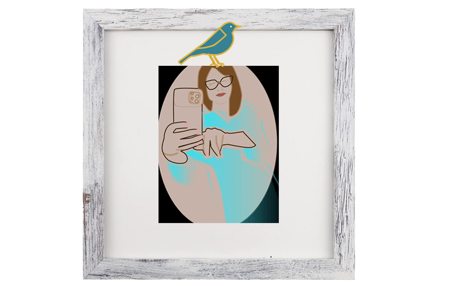 illustrated image of self with bitd sitting ontop of head.